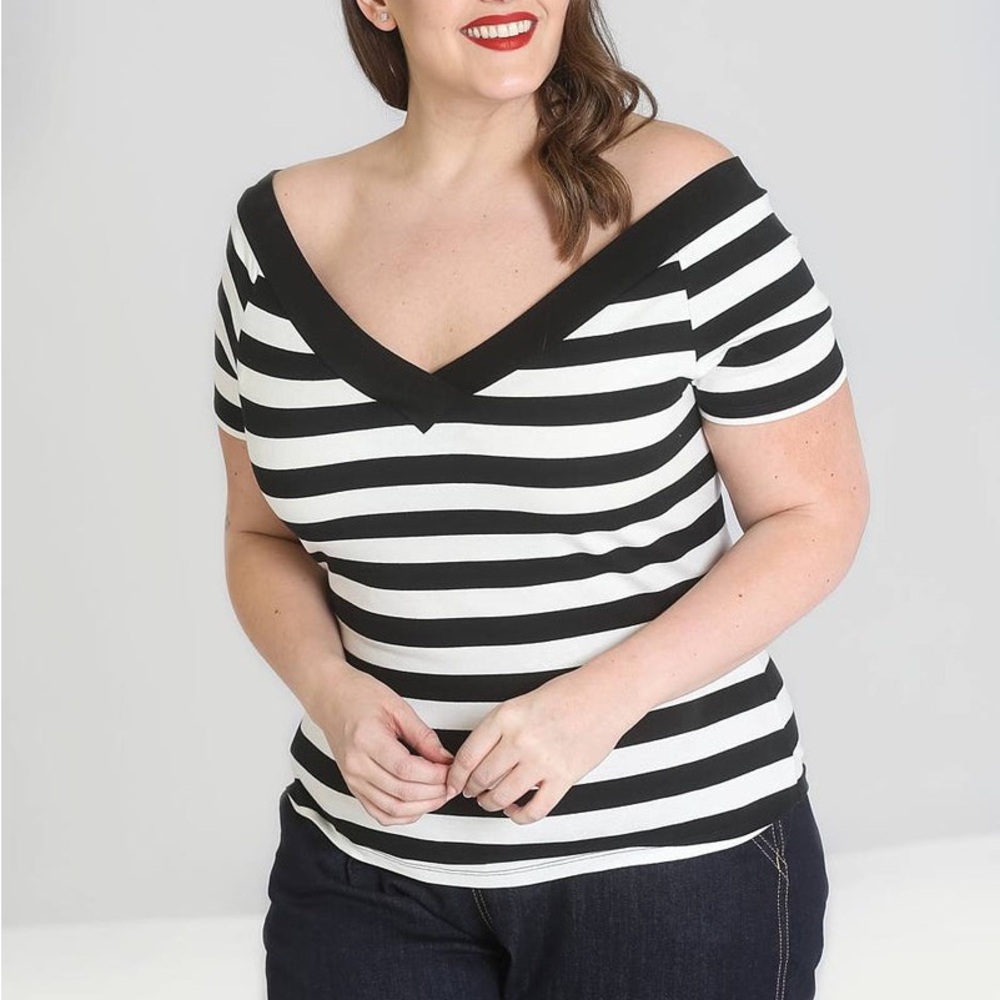 Hell Bunny Black and White Striped Off-Shoulder Short Sleeve Top